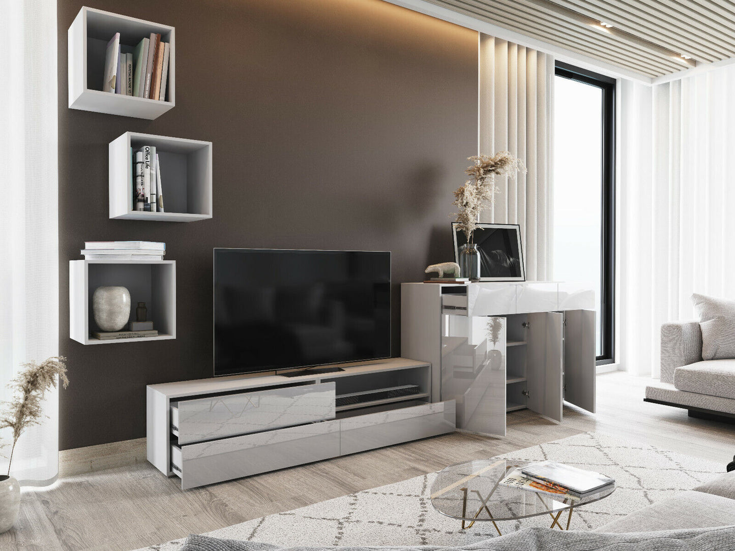 Wohnwand VEX 55 Anbauwand Mediawand Hochglanz TV Möbel Set versch. Farben