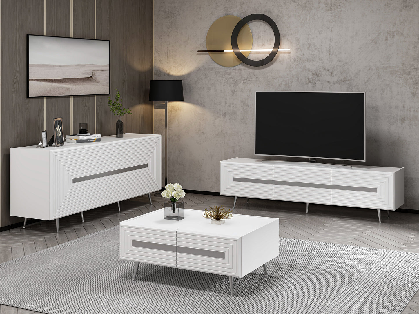 Wohnzimmerset Josephine Set Wohnzimmer Lowboard Sideboard Lowboard Couchtisch Weiß Silber Chrom