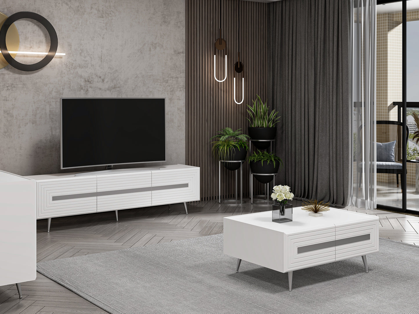 Wohnzimmerset Josephine Set Wohnzimmer Lowboard Sideboard Lowboard Couchtisch Weiß Silber Chrom