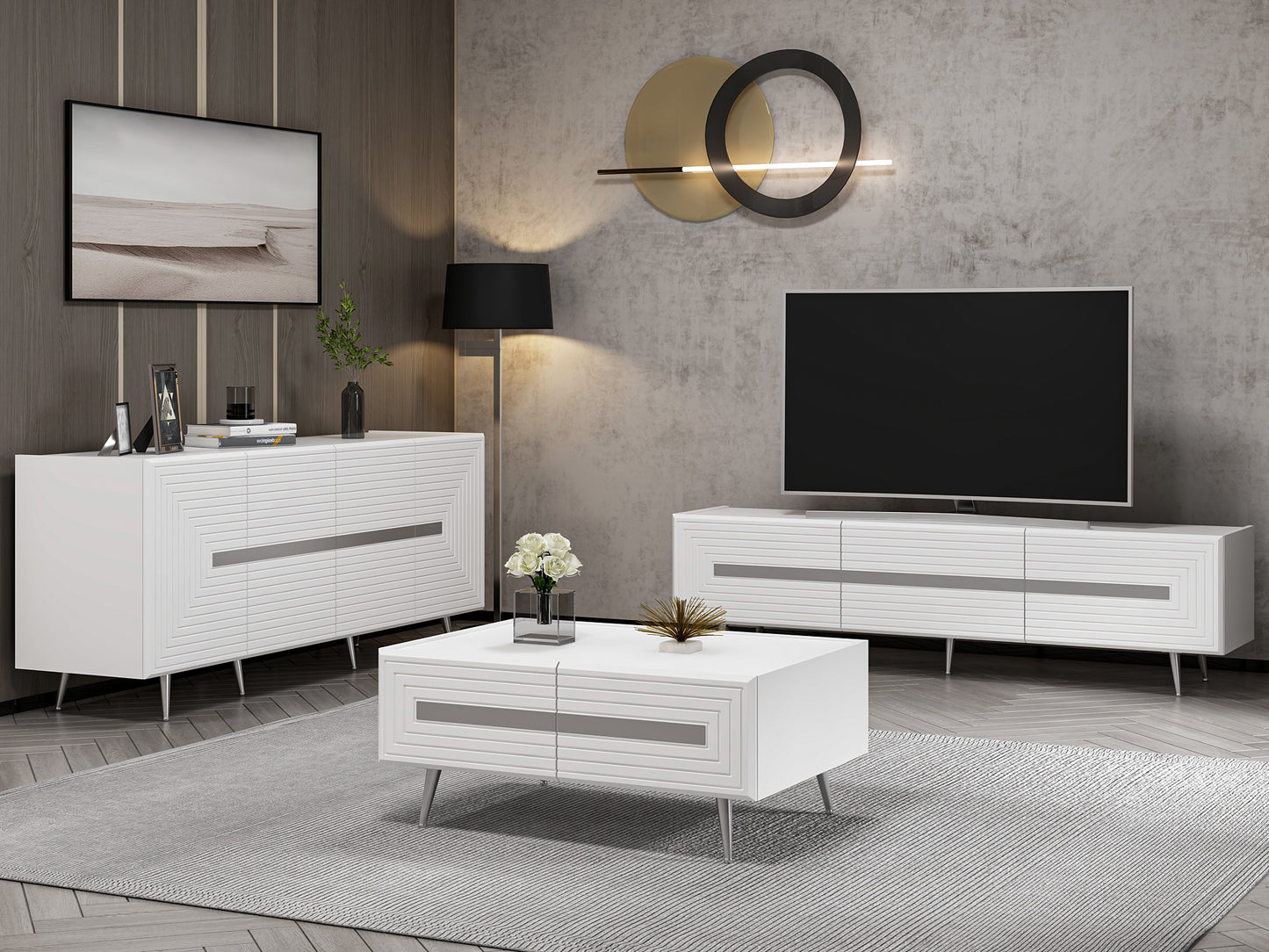 Wohnzimmerset Josephine Set Wohnzimmer Lowboard Sideboard Lowboard Couchtisch Weiß Silber Chrom