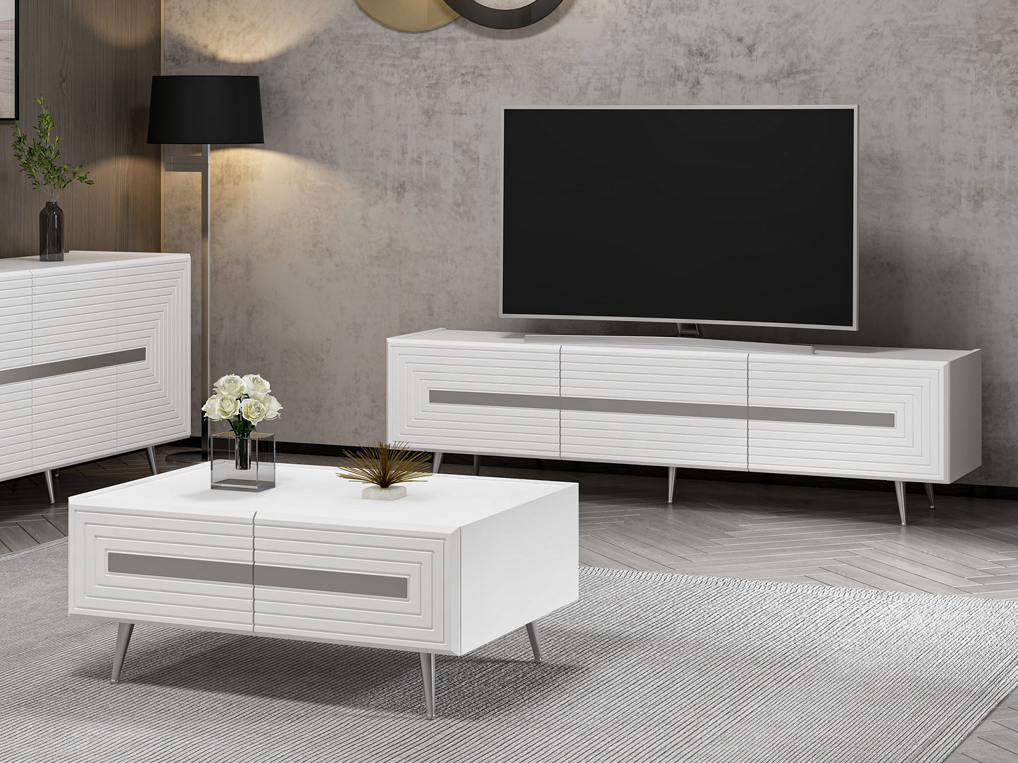 Wohnzimmerset Josephine Set Wohnzimmer Lowboard Sideboard Lowboard Couchtisch Weiß Silber Chrom