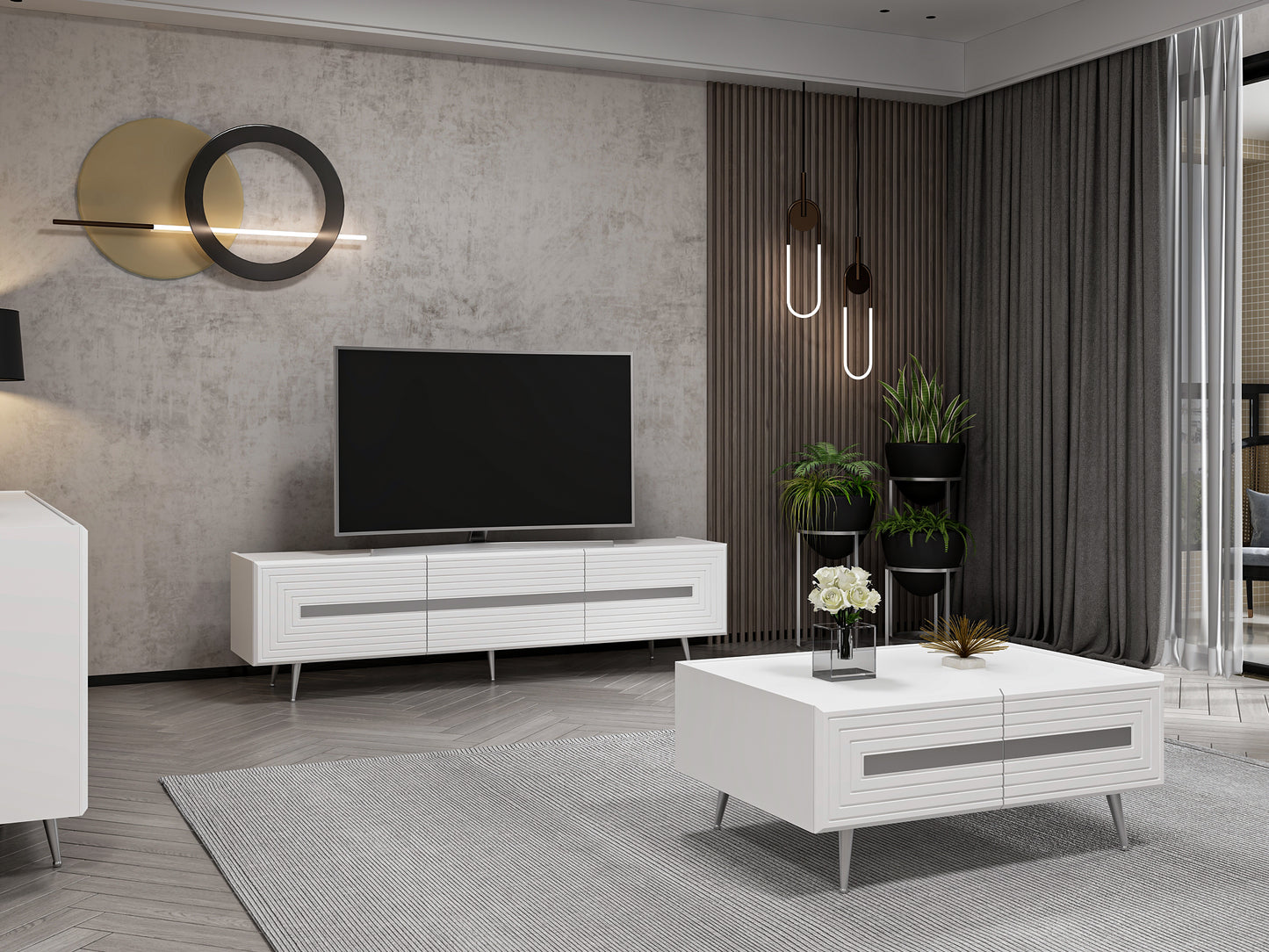 Wohnzimmerset Josephine Set Wohnzimmer Lowboard Sideboard Lowboard Couchtisch Weiß Silber Chrom
