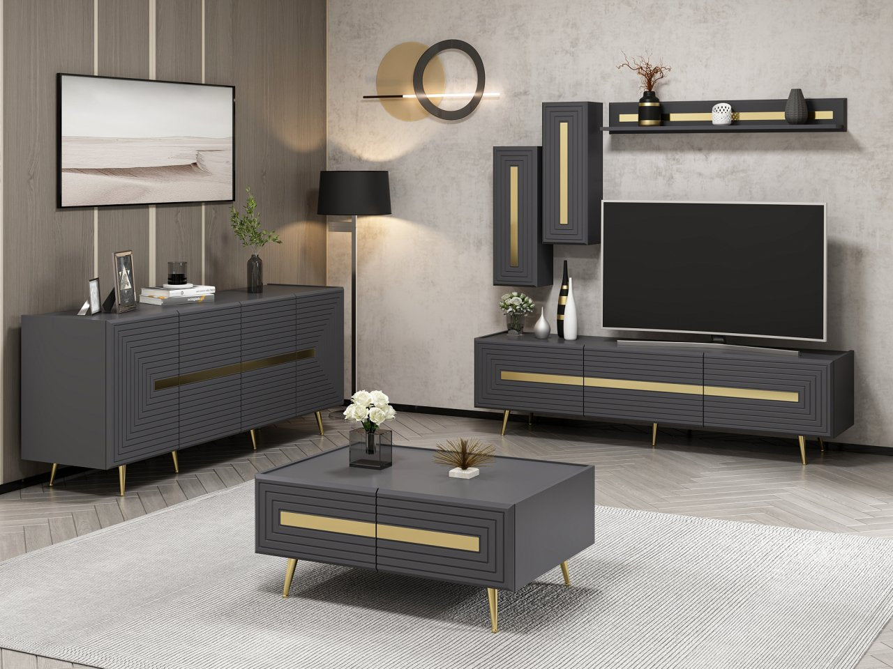 Josephine TV Set2 Lowboard Wandregal Sideboard Couchtisch Weiß Anthrazit Gold Wohnzimmerset