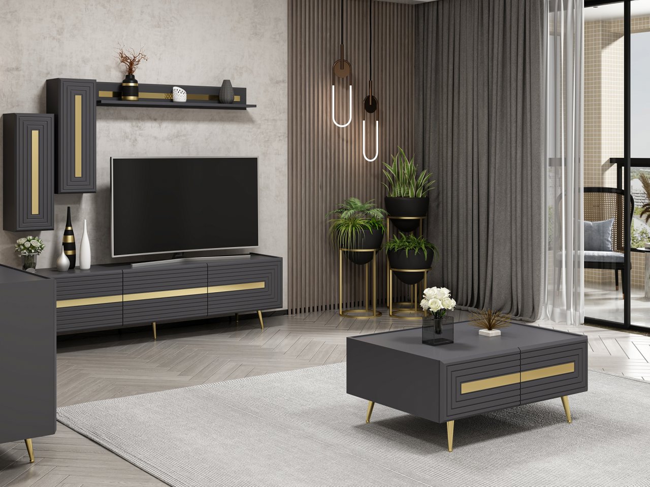 Josephine TV Set2 Lowboard Wandregal Sideboard Couchtisch Weiß Anthrazit Gold Wohnzimmerset