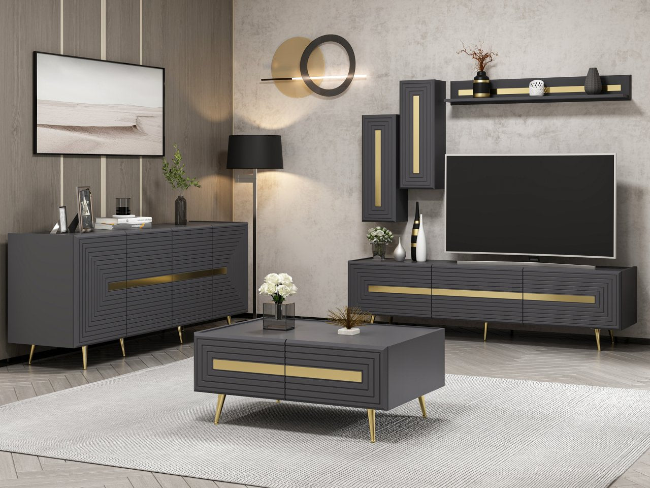 Josephine TV Set2 Lowboard Wandregal Sideboard Couchtisch Weiß Anthrazit Gold Wohnzimmerset