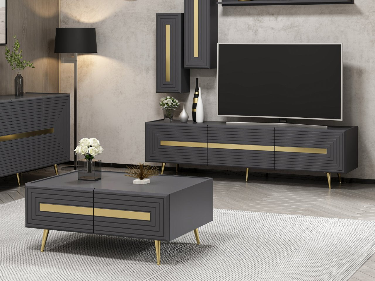 Josephine TV Set2 Lowboard Wandregal Sideboard Couchtisch Weiß Anthrazit Gold Wohnzimmerset