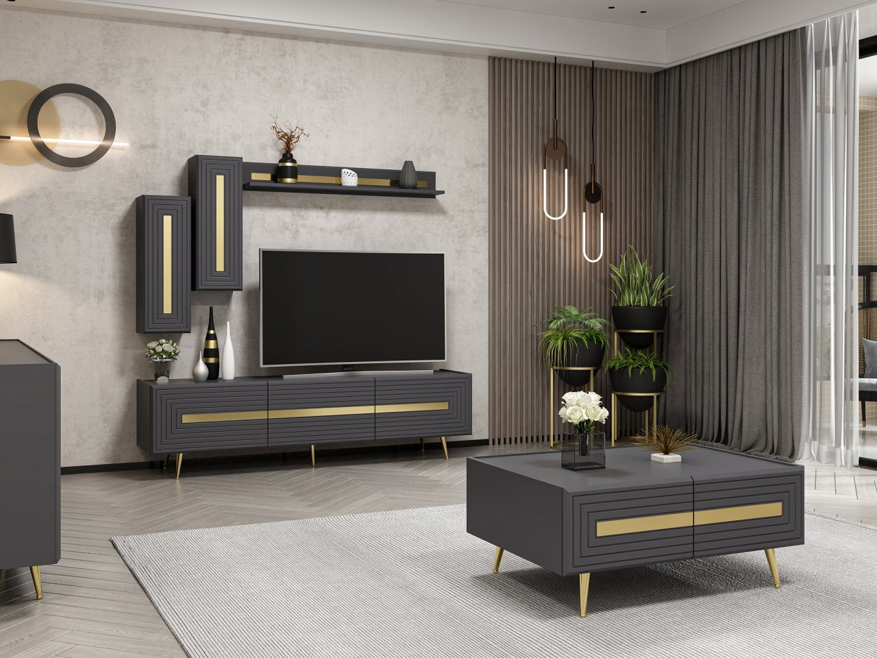 Josephine TV Set2 Lowboard Wandregal Sideboard Couchtisch Weiß Anthrazit Gold Wohnzimmerset