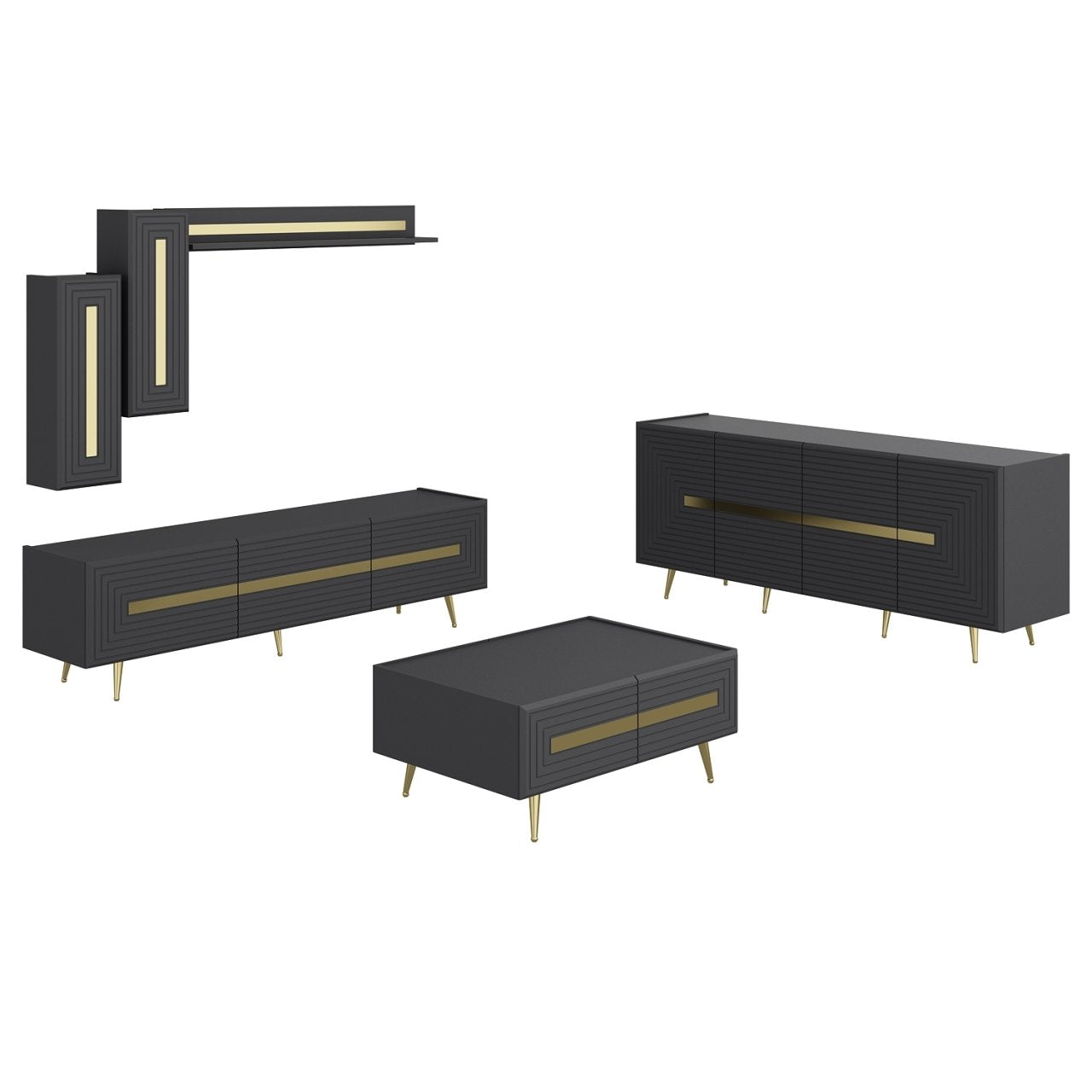 Josephine TV Set2 Lowboard Wandregal Sideboard Couchtisch Weiß Anthrazit Gold Wohnzimmerset