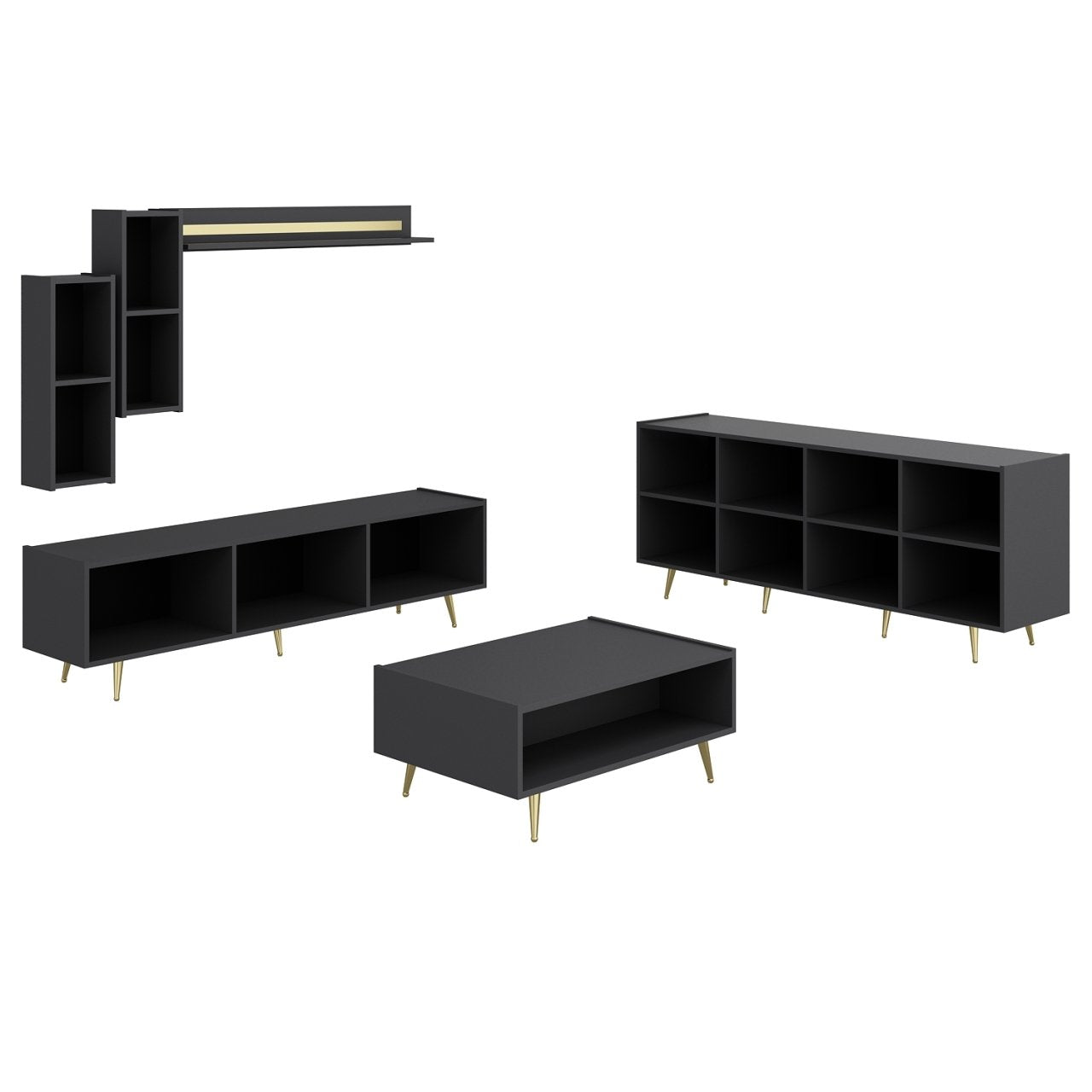 Josephine TV Set2 Lowboard Wandregal Sideboard Couchtisch Weiß Anthrazit Gold Wohnzimmerset