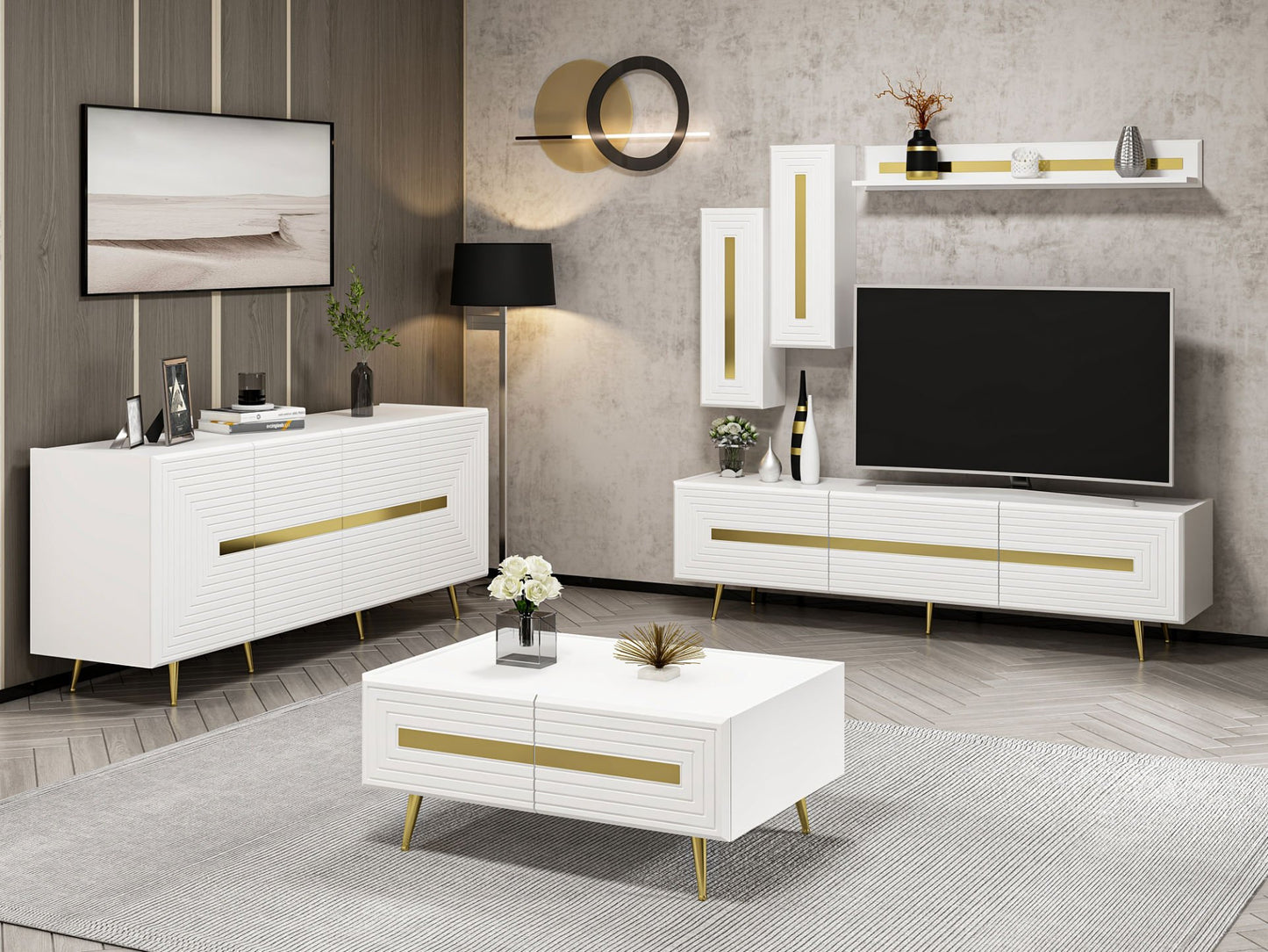Wohnzimmerset Josephine Set Wohnzimmer Lowboard Sideboard Wandregal Couchtisch Weiß Gold
