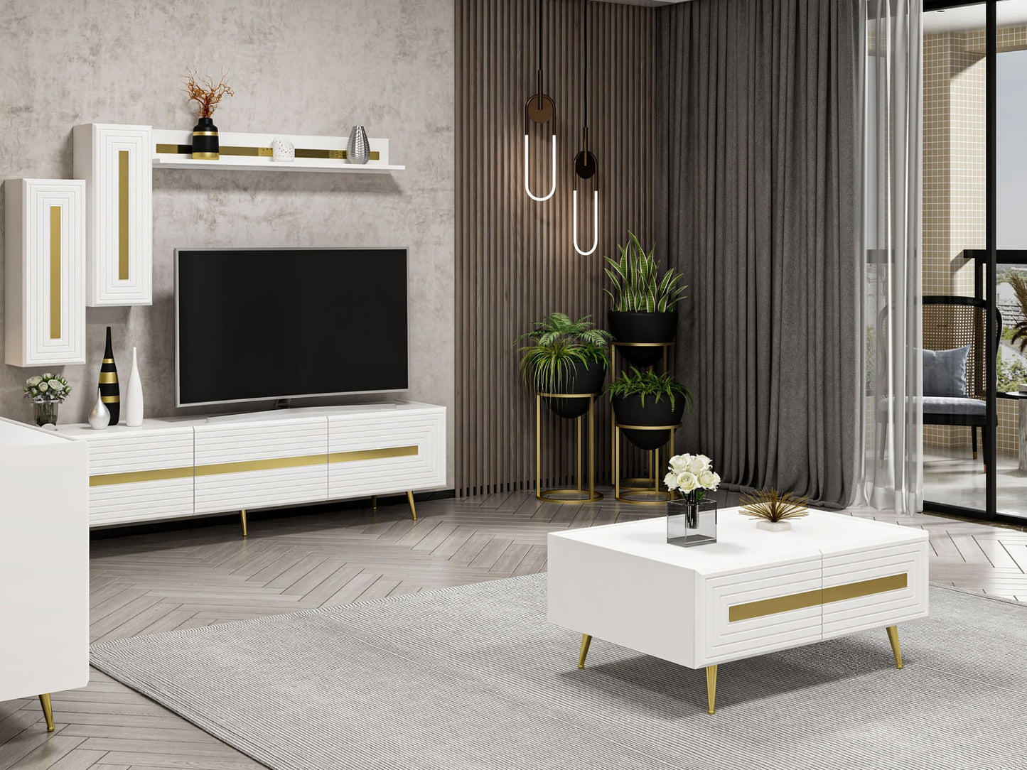 Wohnzimmerset Josephine Set Wohnzimmer Lowboard Sideboard Wandregal Couchtisch Weiß Gold