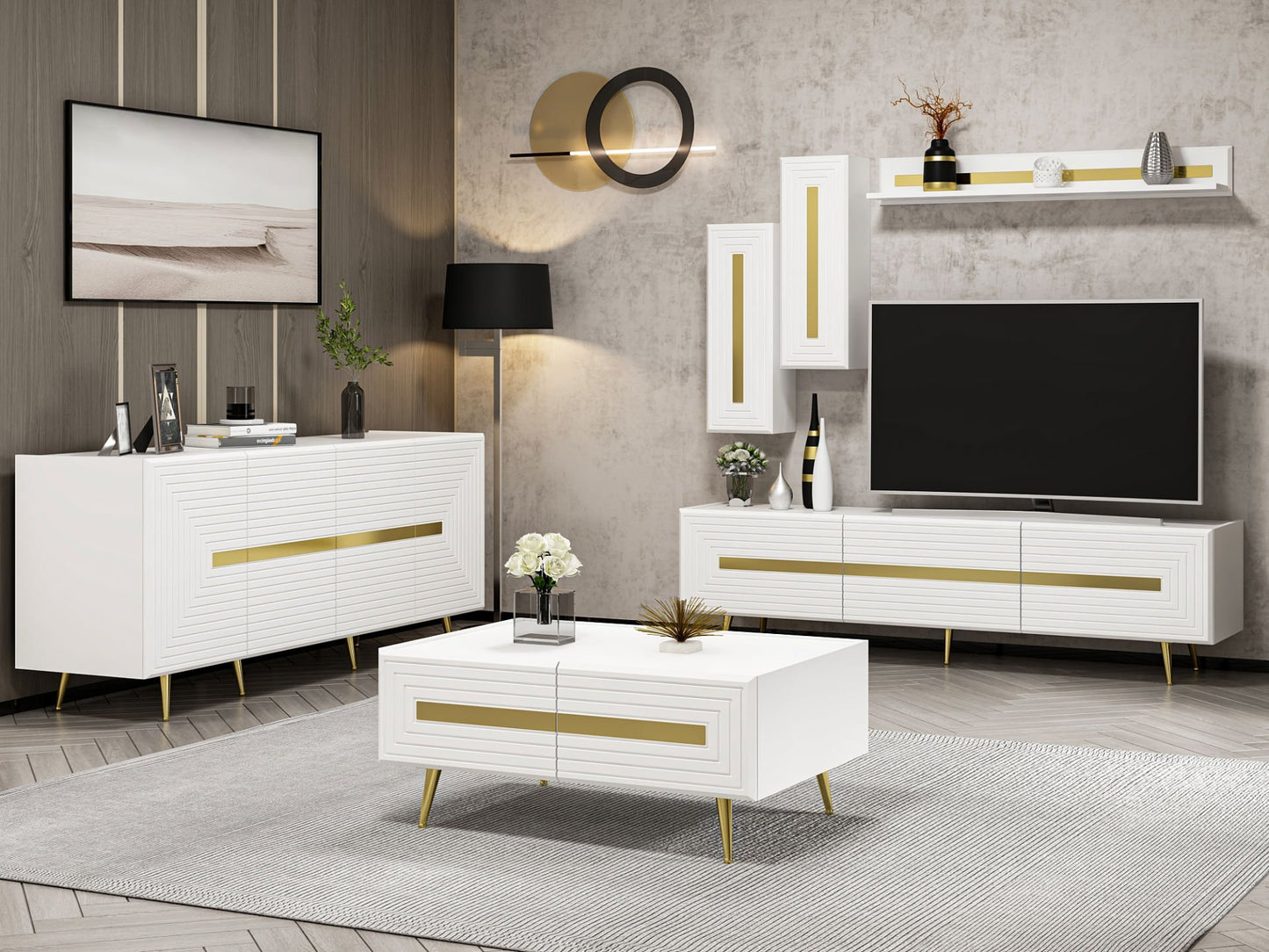 Wohnzimmerset Josephine Set Wohnzimmer Lowboard Sideboard Wandregal Couchtisch Weiß Gold