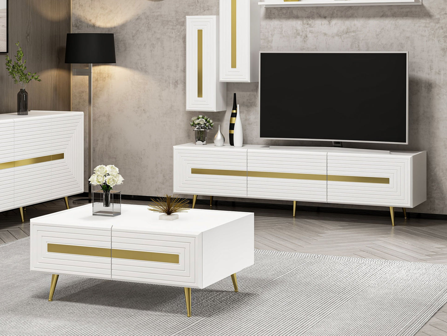 Wohnzimmerset Josephine Set Wohnzimmer Lowboard Sideboard Wandregal Couchtisch Weiß Gold
