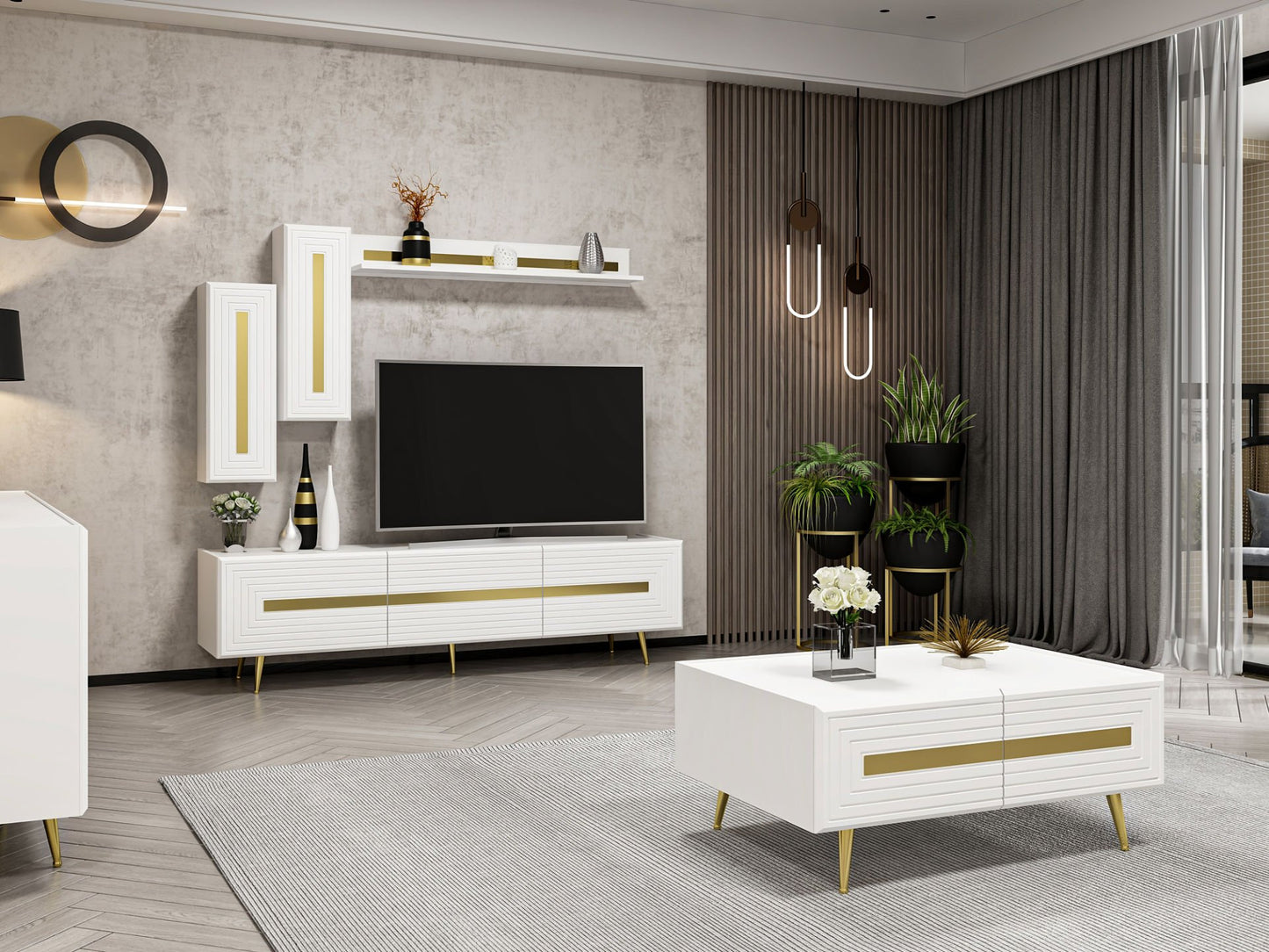 Wohnzimmerset Josephine Set Wohnzimmer Lowboard Sideboard Wandregal Couchtisch Weiß Gold