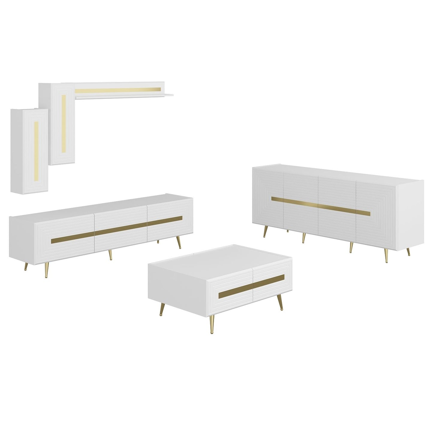 Wohnzimmerset Josephine Set Wohnzimmer Lowboard Sideboard Wandregal Couchtisch Weiß Gold