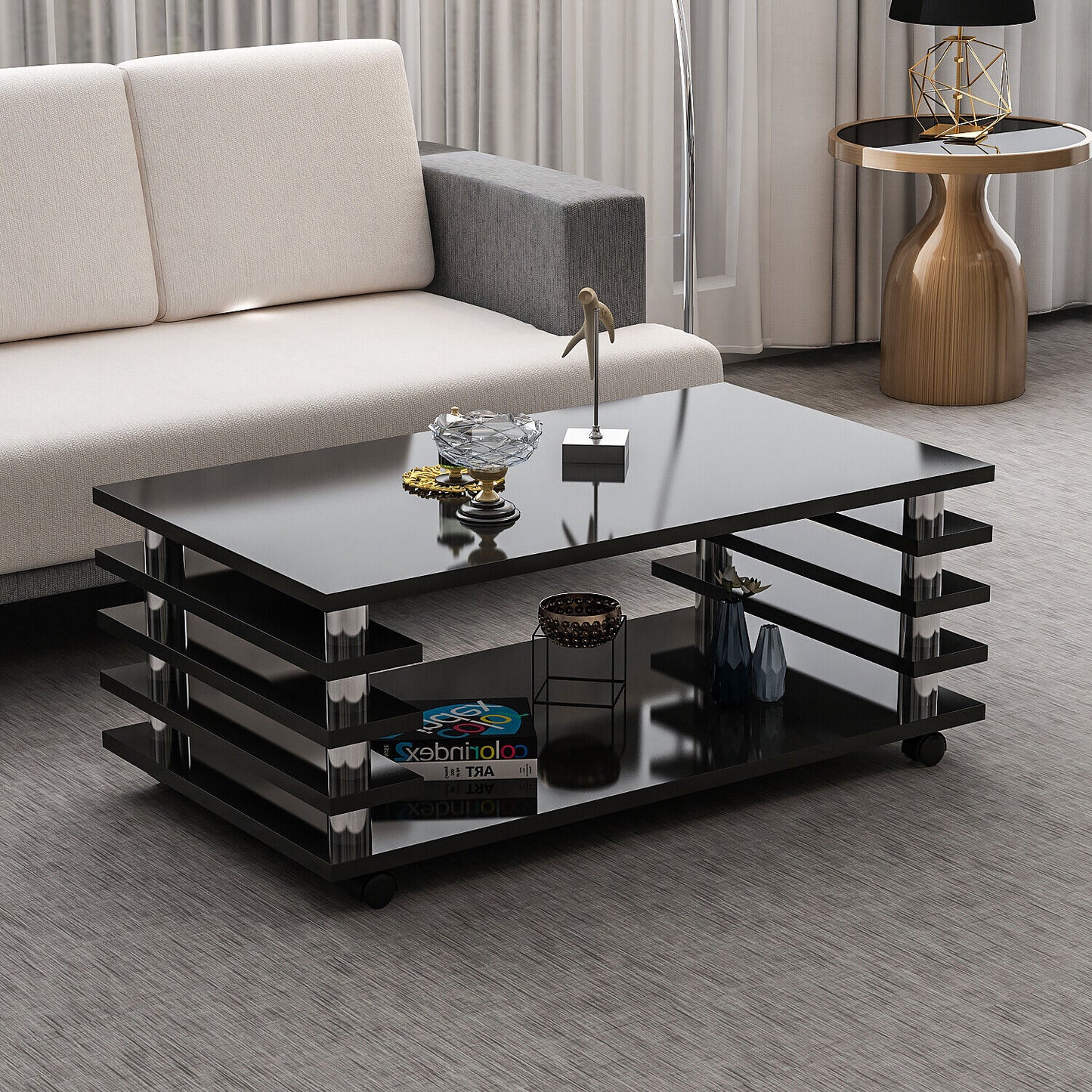 Couchtisch Schwarz Hochglanz 115 x 65 cm Tisch Wohnzimmertisch Sofatisch Rollen