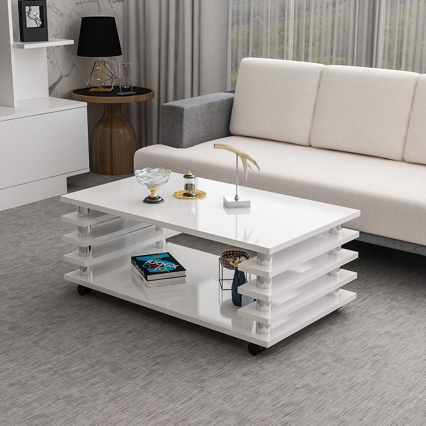 Couchtisch Weiß Hochglanz 115 x 65 cm Tisch Wohnzimmertisch Sofatisch mit Rollen