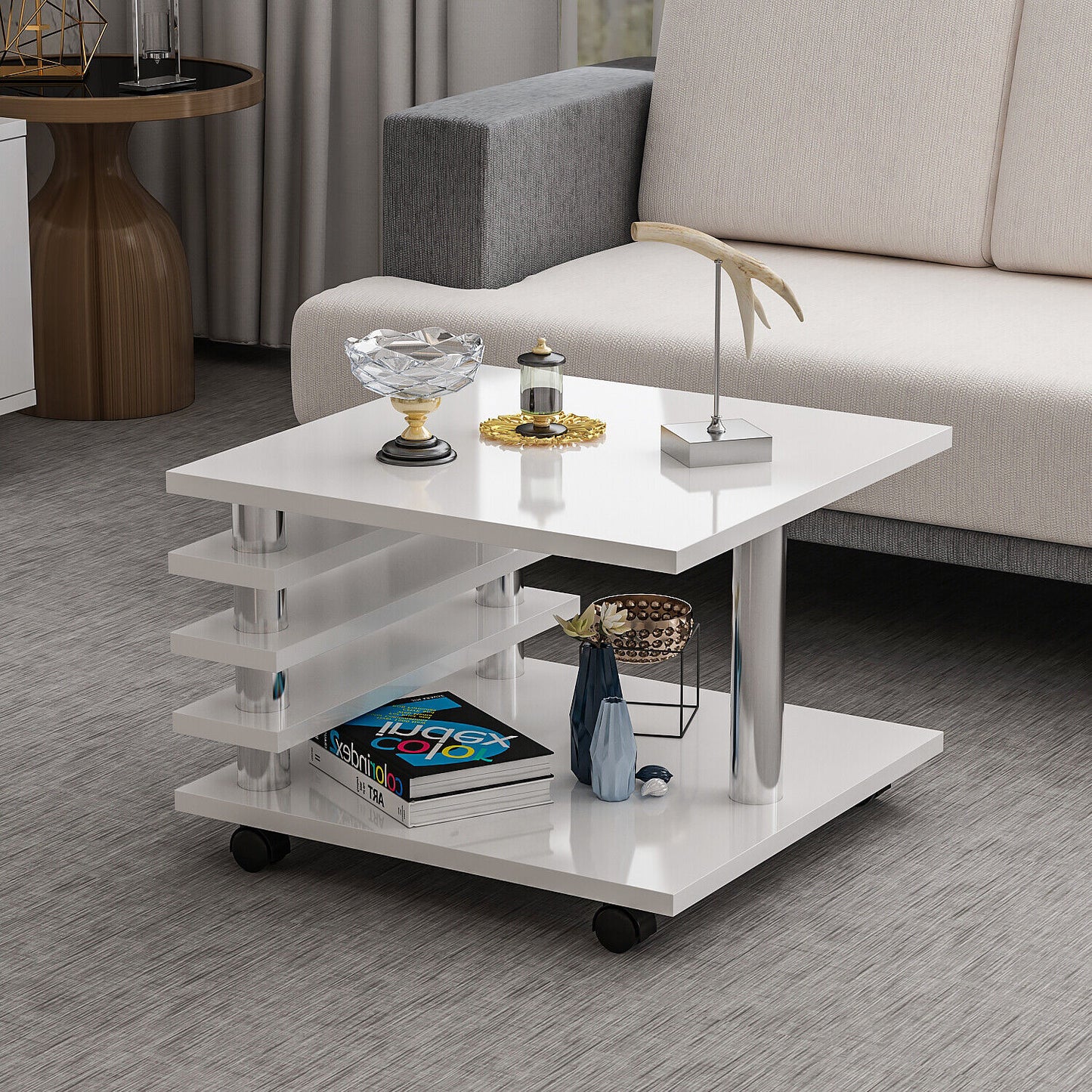 Couchtisch Weiß Hochglanz 65 x 65 cm Tisch Wohnzimmertisch Sofatisch mit Rollen