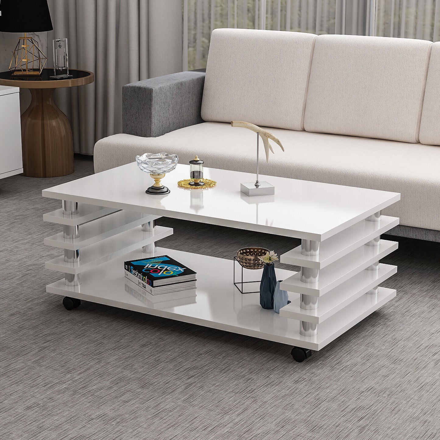Couchtisch Weiß Hochglanz 115 x 65 cm Tisch Wohnzimmertisch Sofatisch mit Rollen