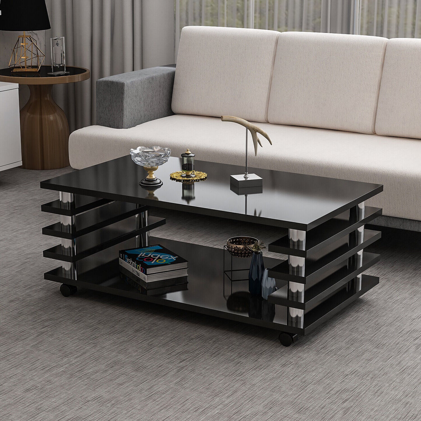Couchtisch Schwarz Hochglanz 115 x 65 cm Tisch Wohnzimmertisch Sofatisch Rollen