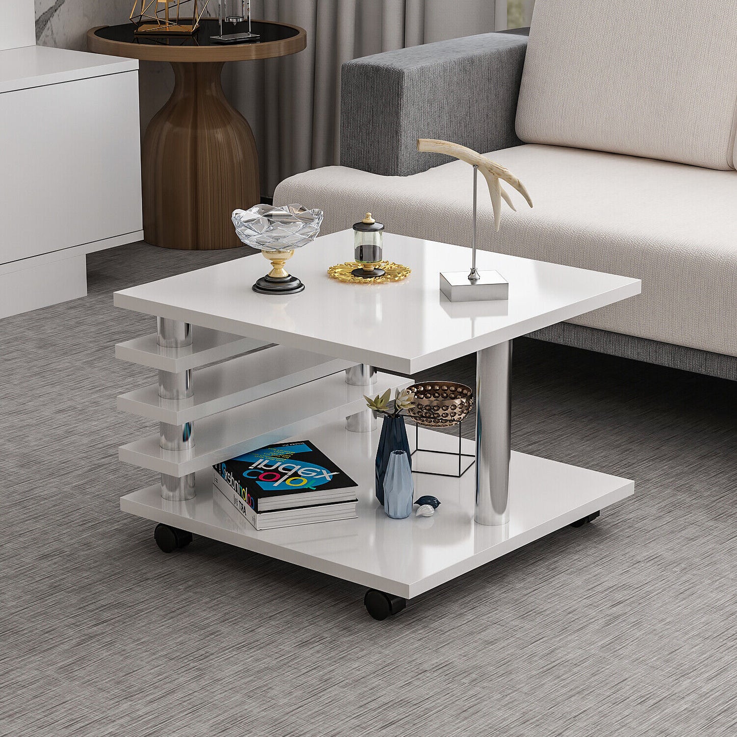 Couchtisch Weiß Hochglanz 65 x 65 cm Tisch Wohnzimmertisch Sofatisch mit Rollen