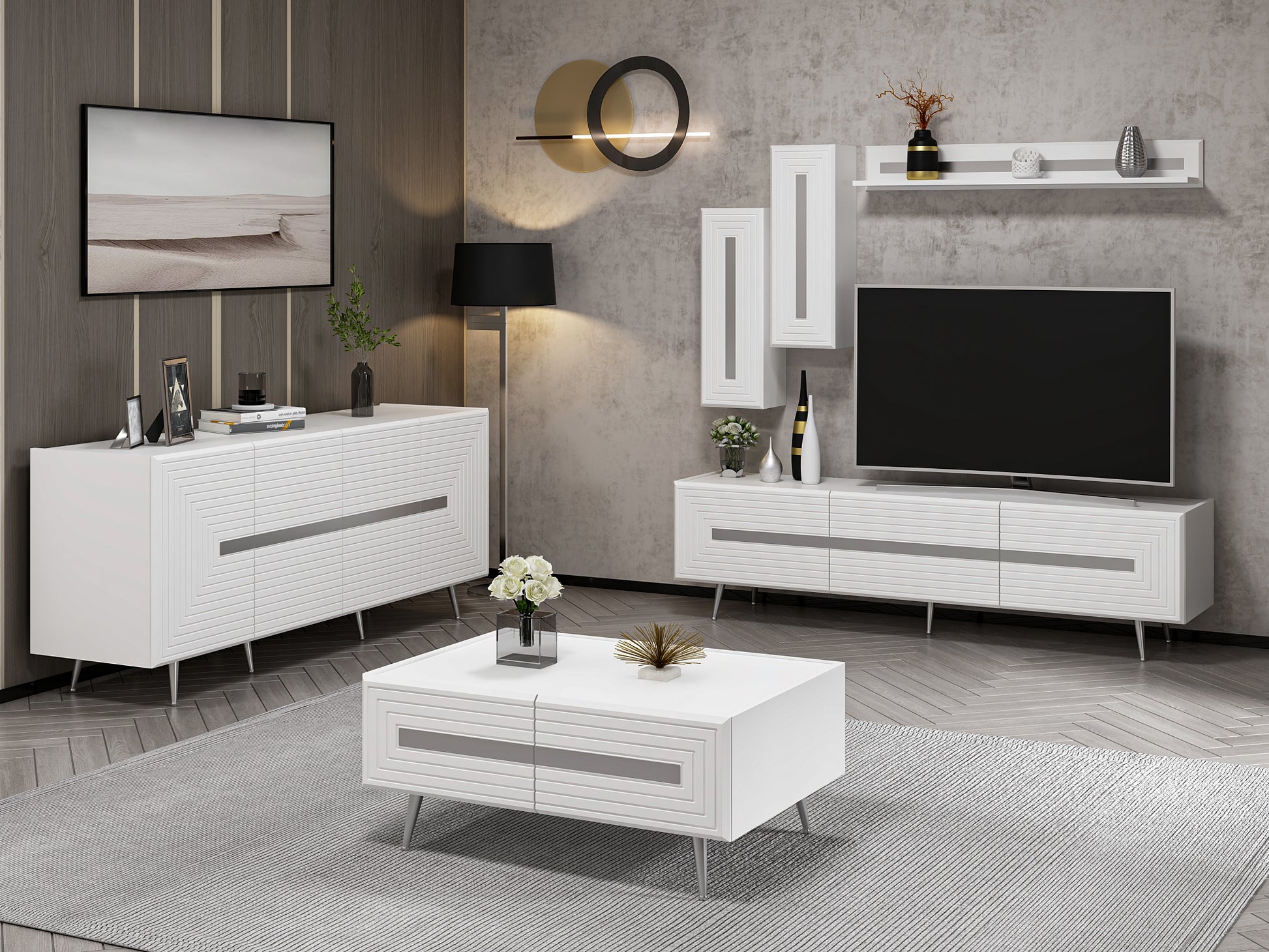 Wohnzimmerset Josephine Set Wohnzimmer Lowboard Sideboard Wandregal Couchtisch Weiß Silber Chrom