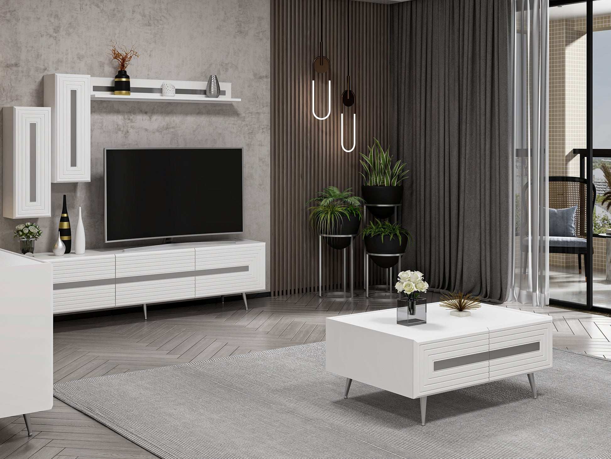 Wohnzimmerset Josephine Set Wohnzimmer Lowboard Sideboard Wandregal Couchtisch Weiß Silber Chrom