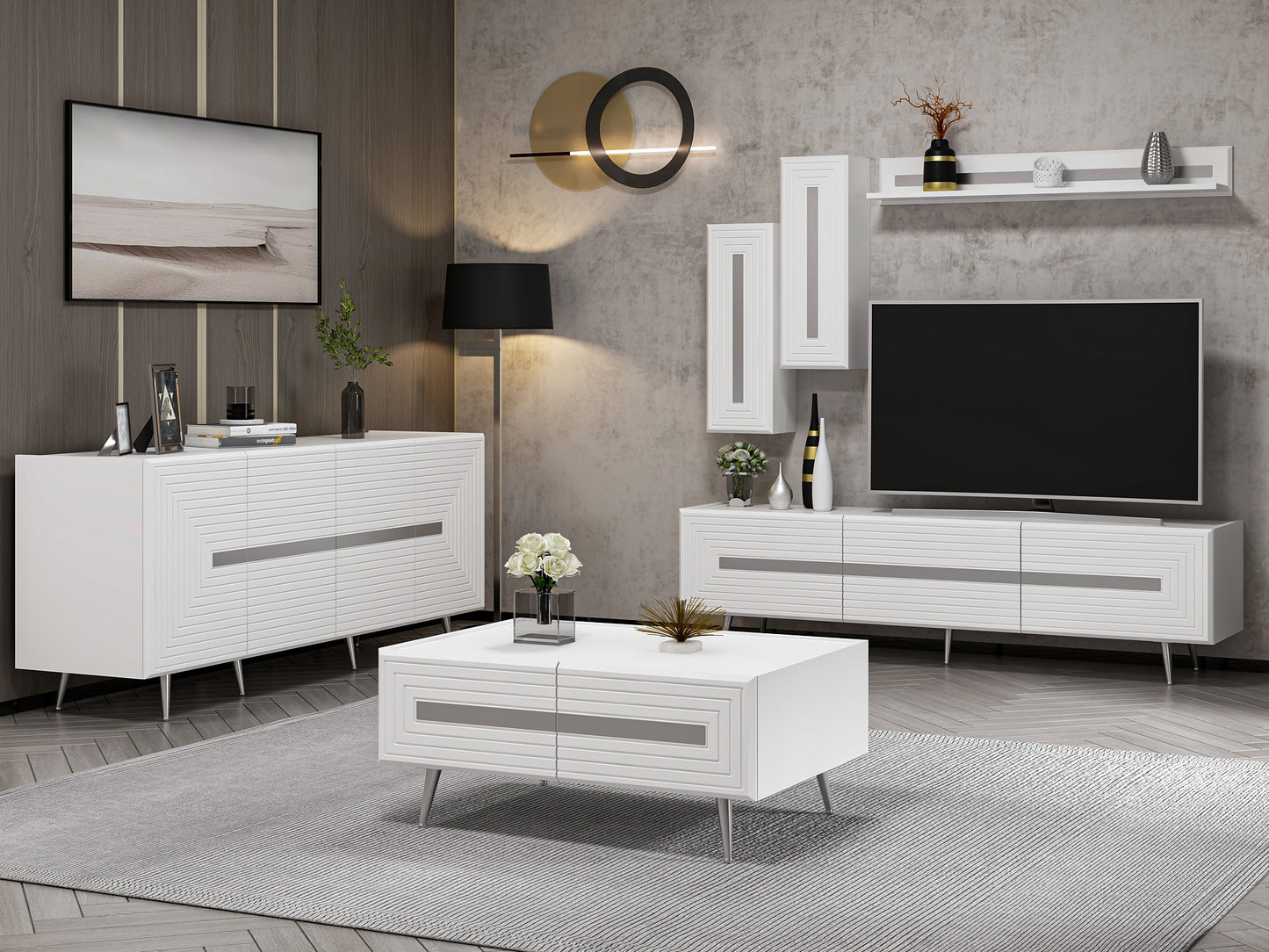 Wohnzimmerset Josephine Set Wohnzimmer Lowboard Sideboard Wandregal Couchtisch Weiß Silber Chrom