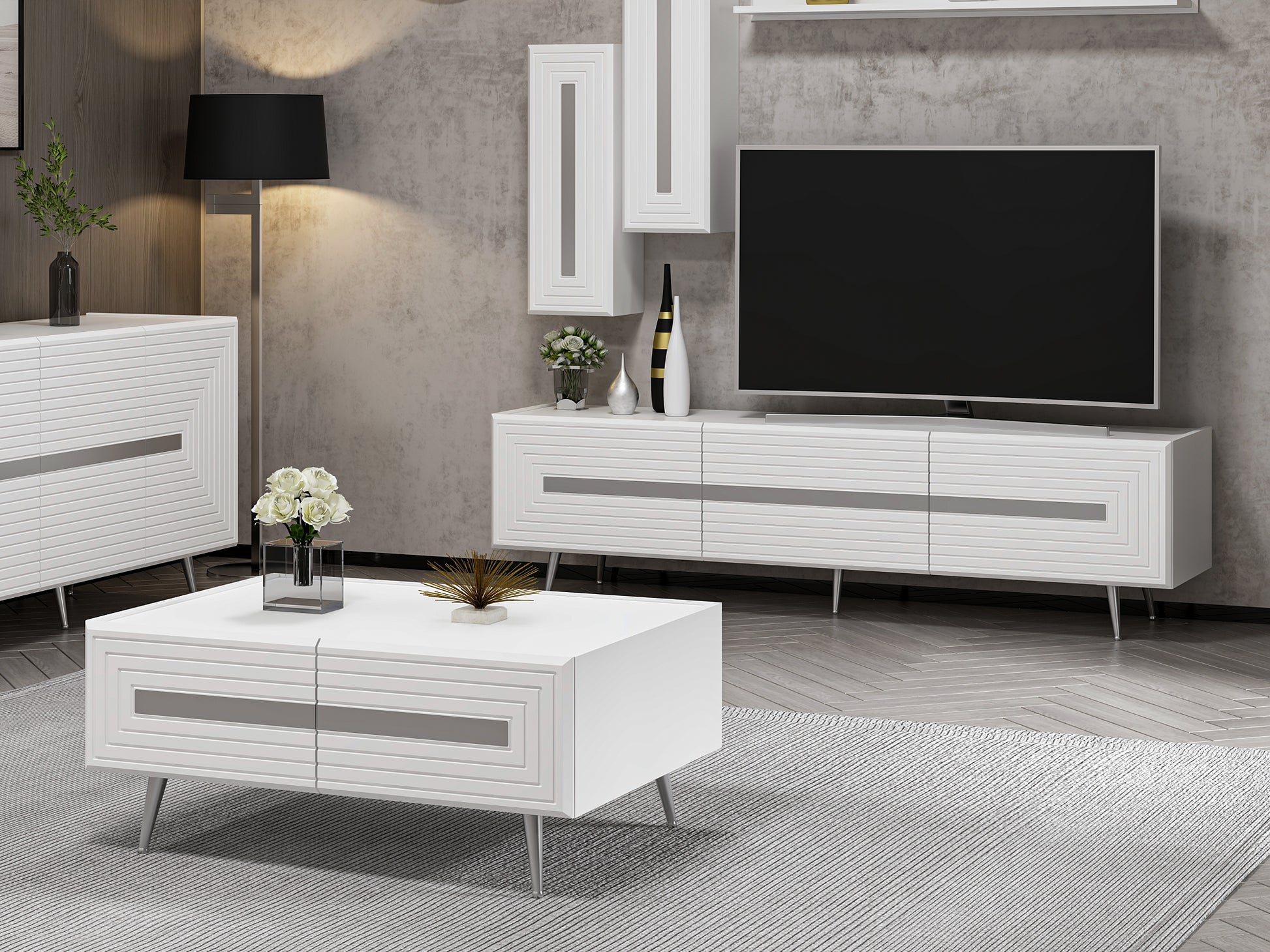 Wohnzimmerset Josephine Set Wohnzimmer Lowboard Sideboard Wandregal Couchtisch Weiß Silber Chrom