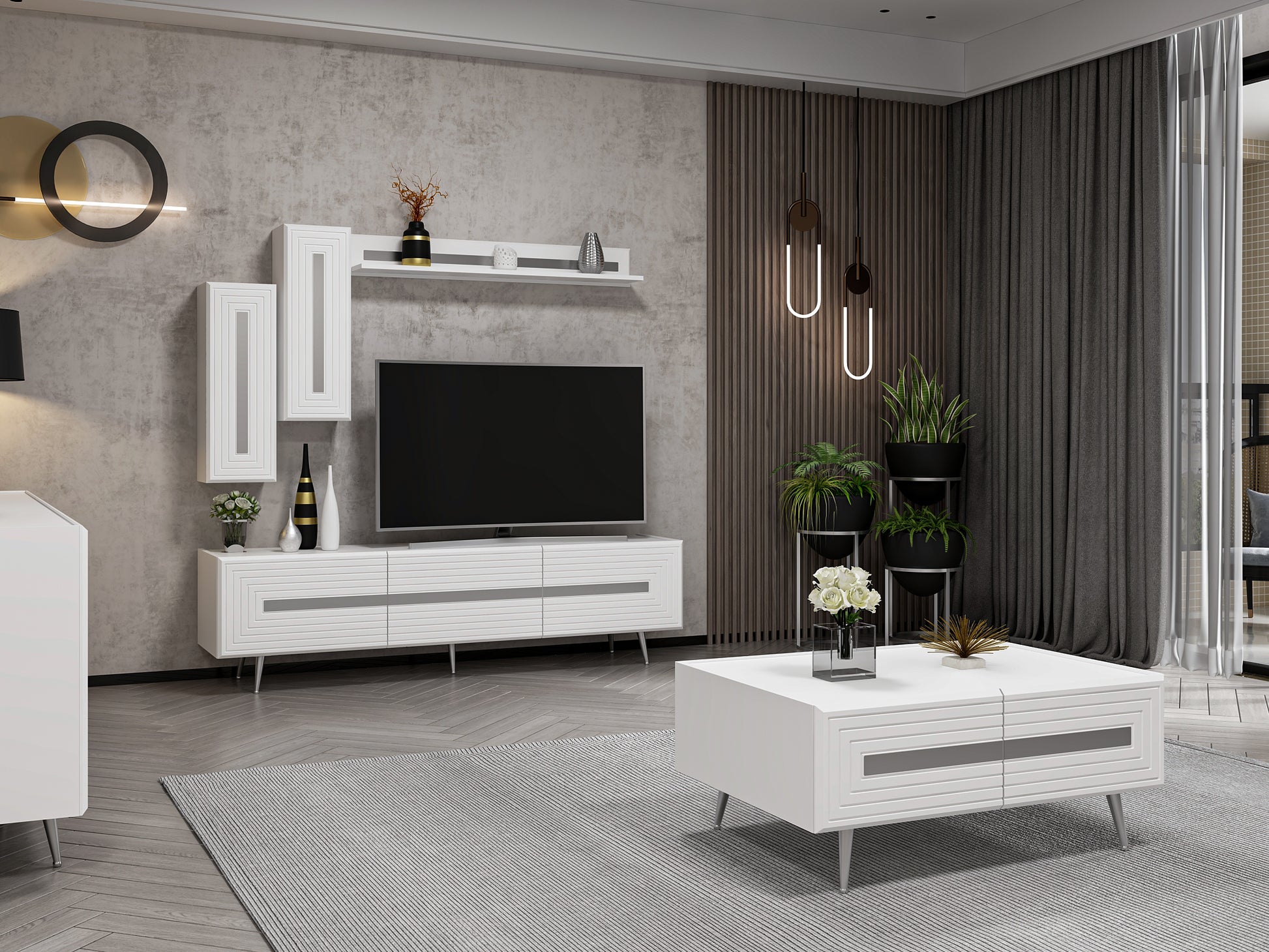 Wohnzimmerset Josephine Set Wohnzimmer Lowboard Sideboard Wandregal Couchtisch Weiß Silber Chrom