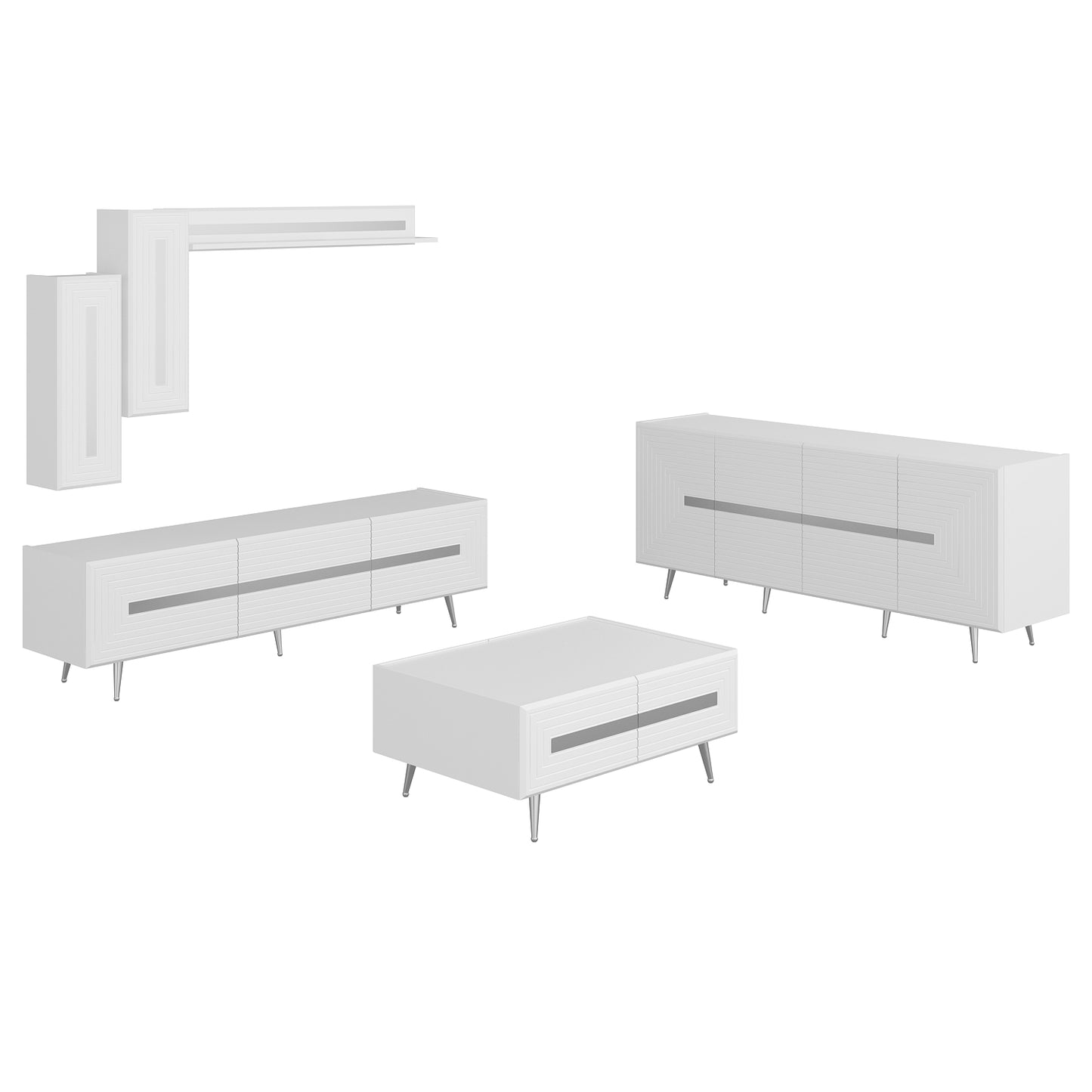 Wohnzimmerset Josephine Set Wohnzimmer Lowboard Sideboard Wandregal Couchtisch Weiß Silber Chrom