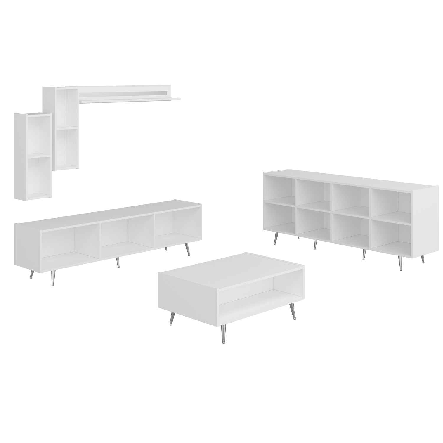 Wohnzimmerset Josephine Set Wohnzimmer Lowboard Sideboard Wandregal Couchtisch Weiß Silber Chrom