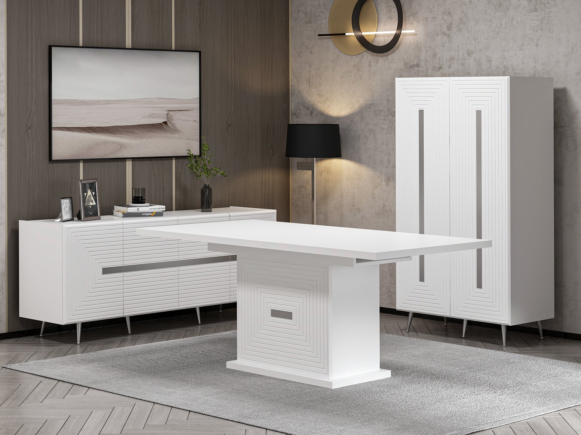 Esszimmerset Josephine Set Esszimmer Esstisch Schrank Sideboard Konsole Weiß Silber Chrom