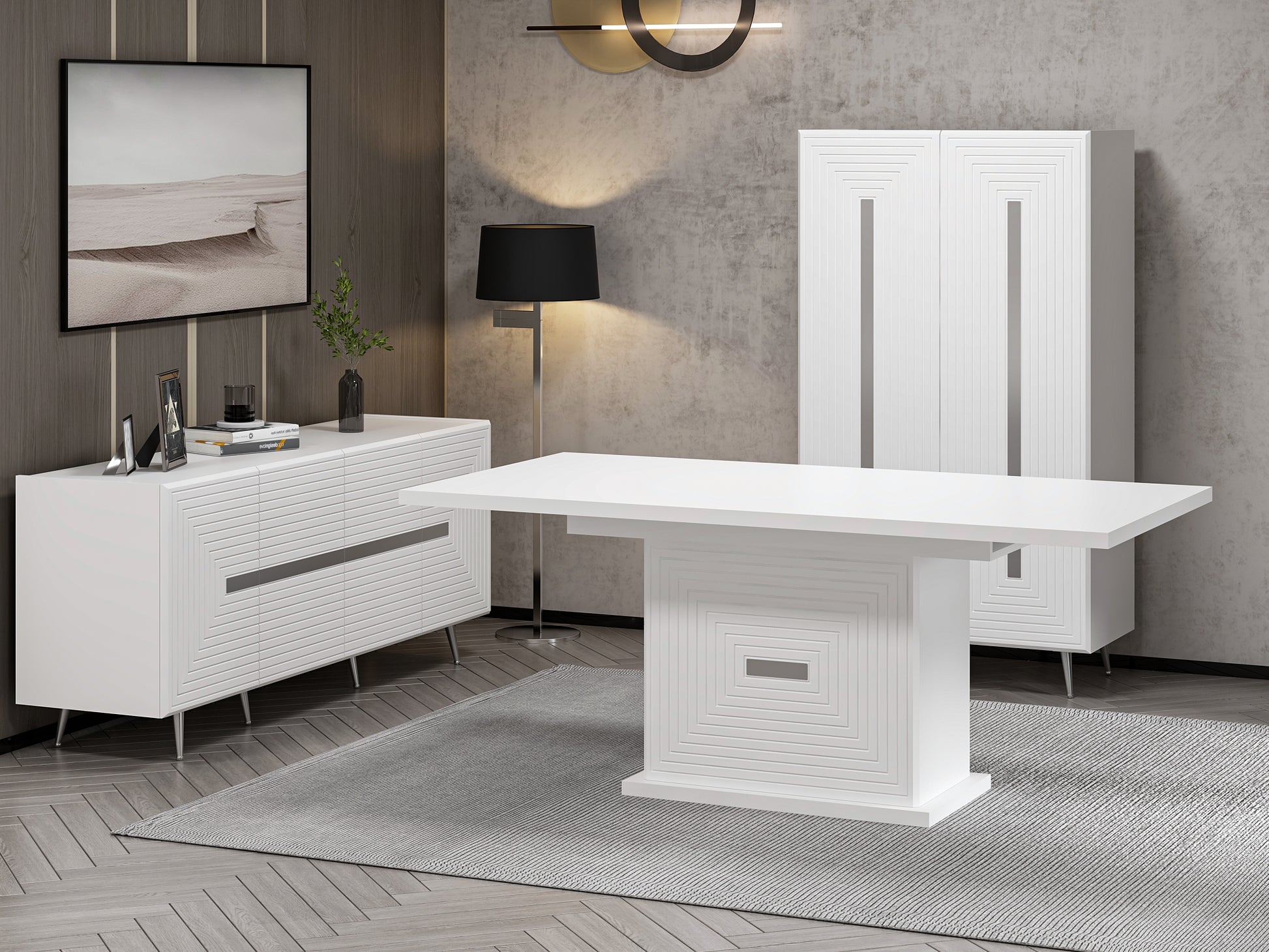 Esszimmerset Josephine Set Esszimmer Esstisch Schrank Sideboard Konsole Weiß Silber Chrom