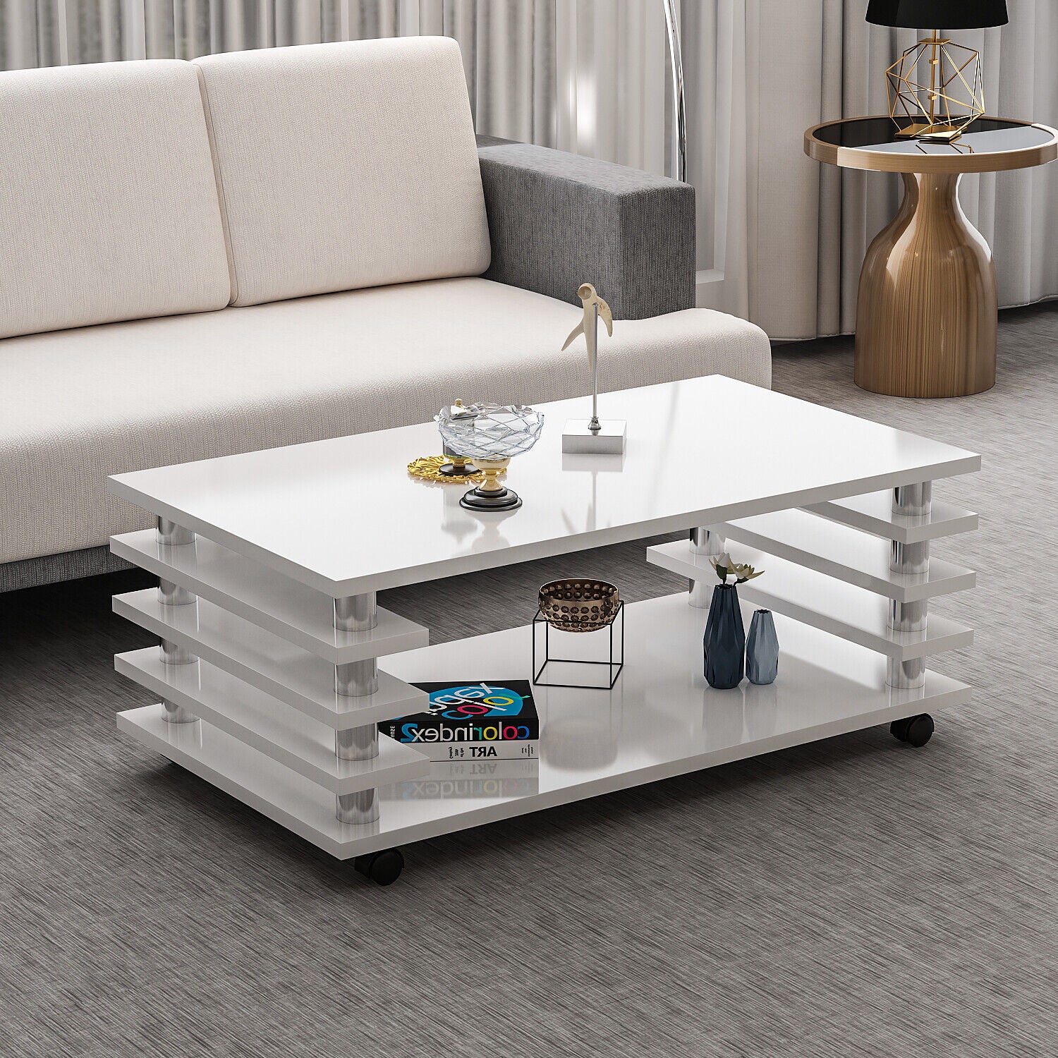 couchtisch weiß hochglanz 115 x 65 cm tisch wohnzimmertisch sofatisch mit  rollen